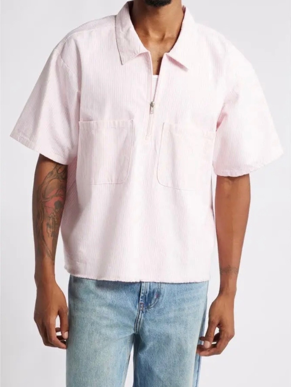 Short-Sleeve Half-Zip Polo in Pale Pink